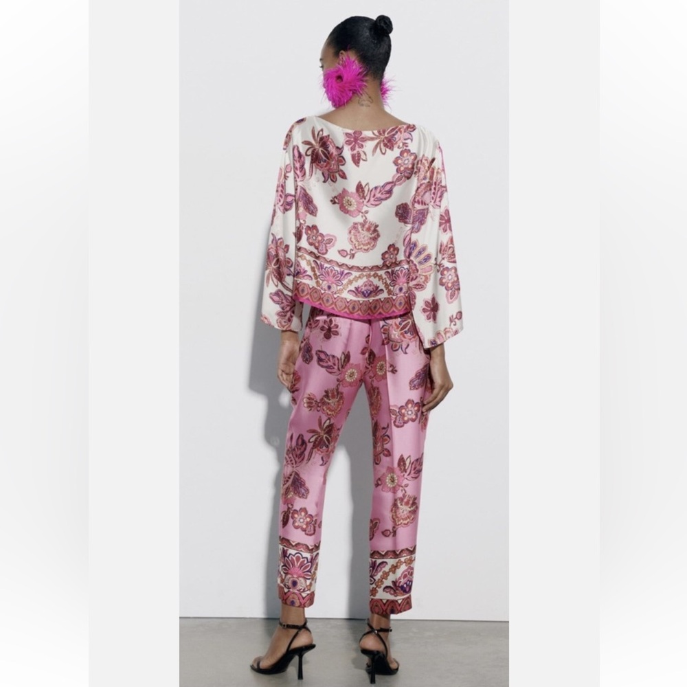 Zara Vibrant Pink Floral Satin Ankle Length Pants Size Small - Picture 3 of 9
